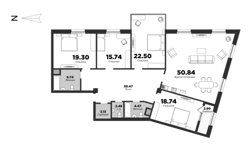 NEVA HAUS, Корпус 1, 4 спальни, 175.9 м² | планировка элитных квартир Санкт-Петербурга | М16